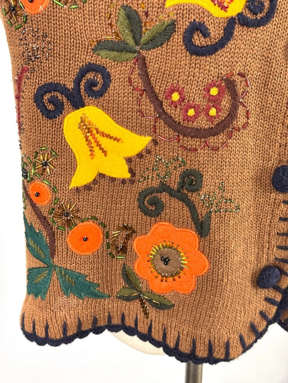 Vtg 90s Autumn Folk Floral Applique Knit Sweater Vest Fall Leaves Brown Orange - Picture 4 of 9
